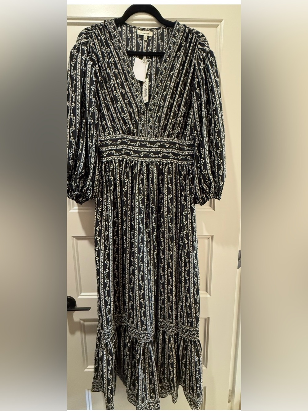 Max Studio Black and White Floral Stripe Long Sleeve Maxi Dress